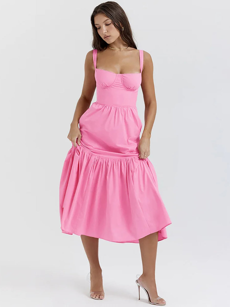 Elegant Pleated Spaghetti Strap Backless A-line Midi Dress Rown