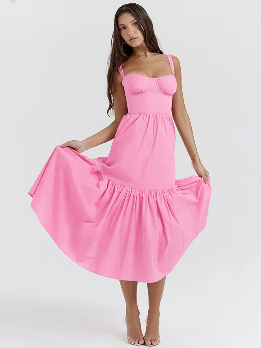 Elegant Pleated Spaghetti Strap Backless A-line Midi Dress Rown