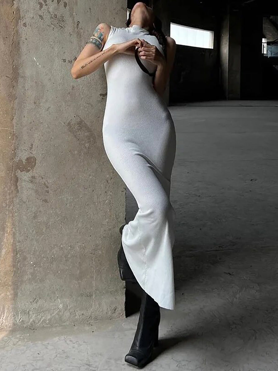 Elegant Round Neck Sleeveless Solid Maxi Dress Rown