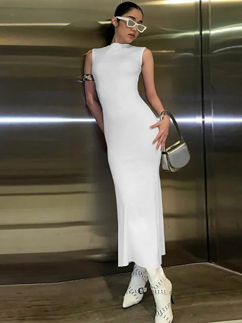 Elegant Round Neck Sleeveless Solid Maxi Dress Rown