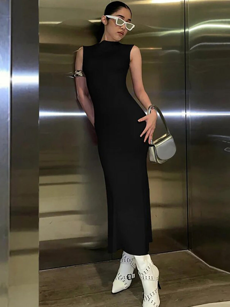 Elegant Round Neck Sleeveless Solid Maxi Dress Rown