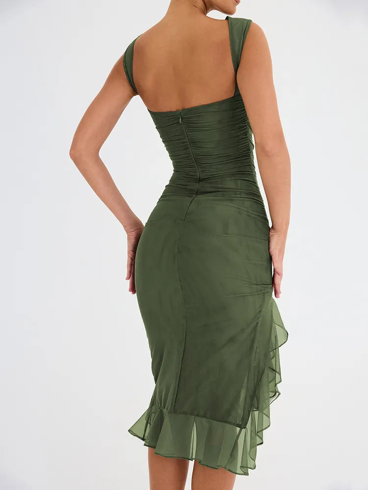 Elegant Ruffle Ruched Backless Midi Dress Rown