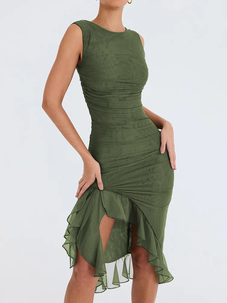 Elegant Ruffle Ruched Backless Midi Dress Rown