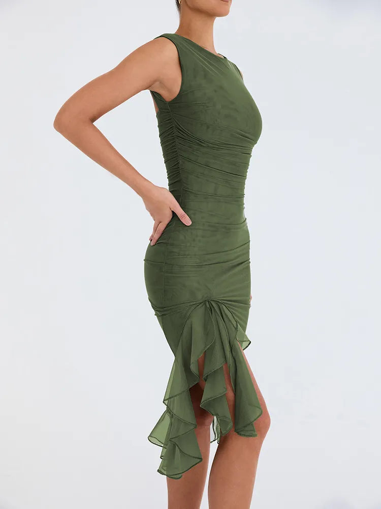 Elegant Ruffle Ruched Backless Midi Dress Rown