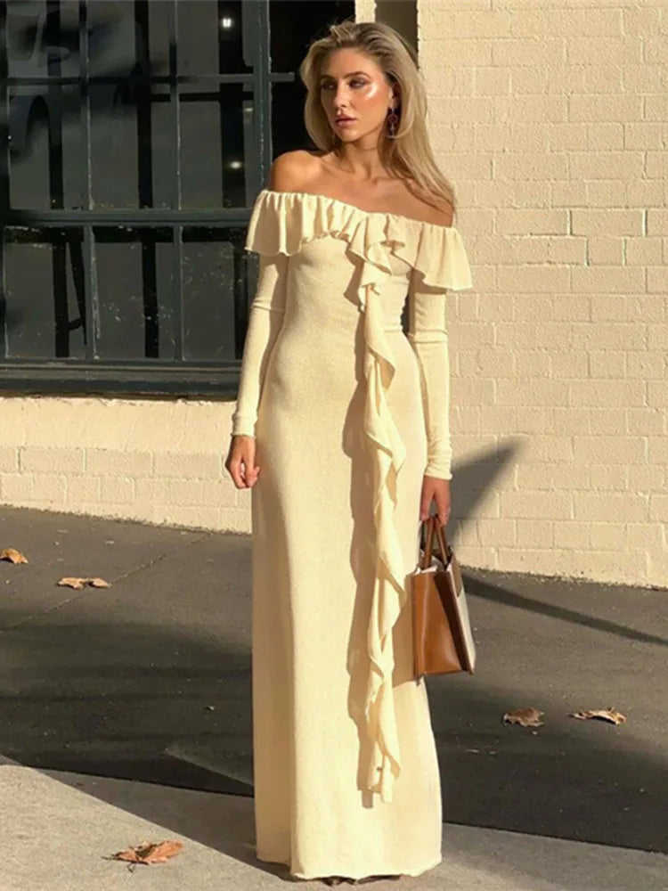 Elegant Ruffless Strapless Long Sleeve Maxi Dress Rown