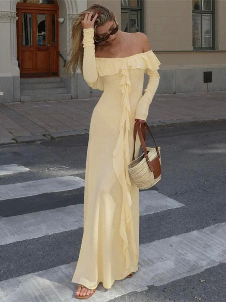 Elegant Ruffless Strapless Long Sleeve Maxi Dress Rown