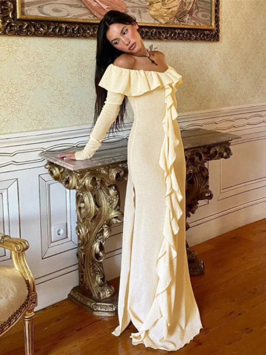 Elegant Ruffless Strapless Long Sleeve Maxi Dress Rown