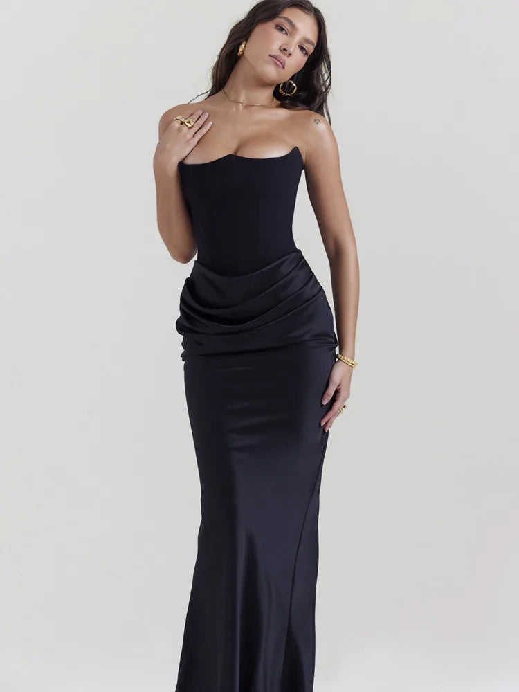 Elegant Satin Draped Strapless Backless Maxi Dress Rown