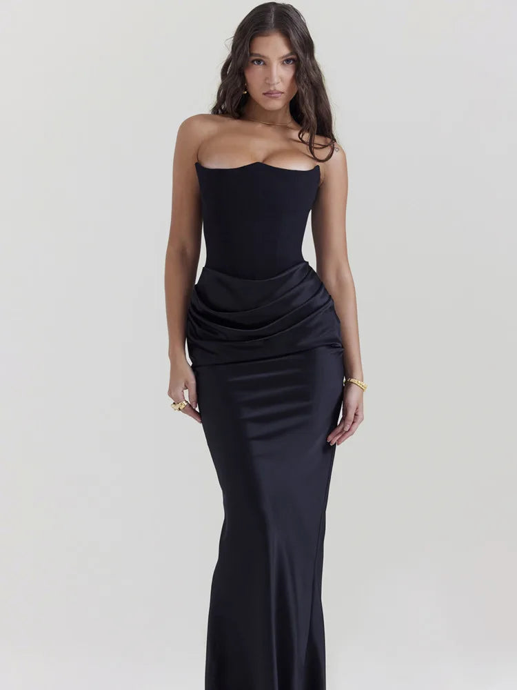 Elegant Satin Draped Strapless Backless Maxi Dress Rown