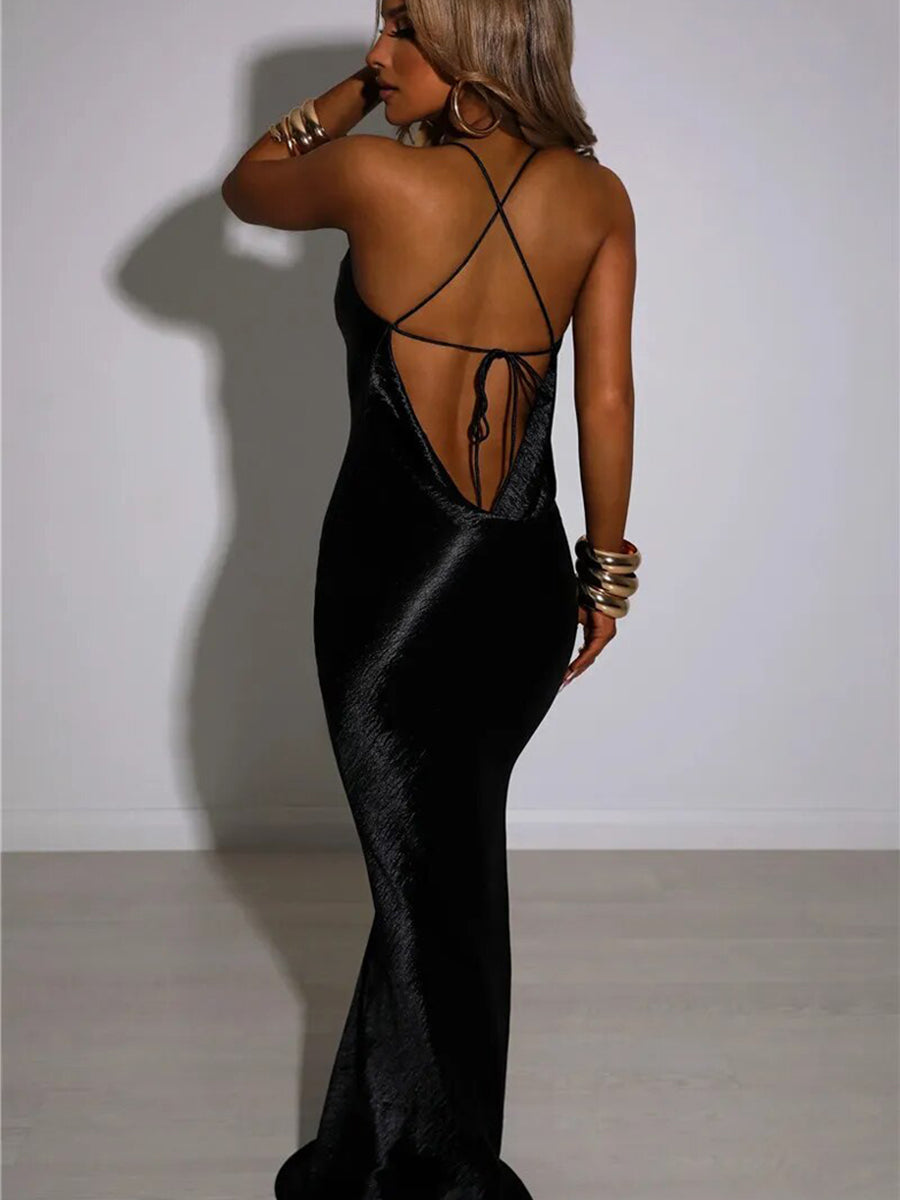 Elegant Satin Sleeveless Backless Maxi Dress Rown