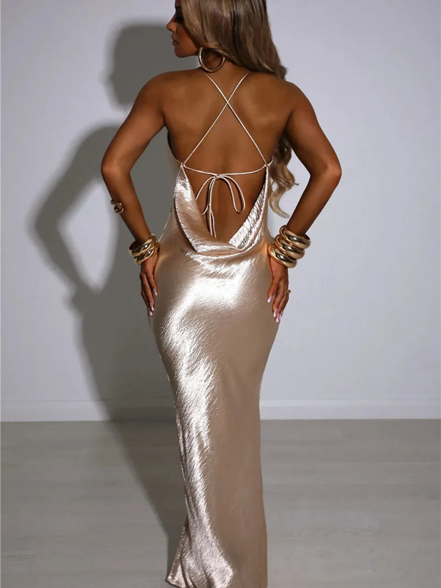 Elegant Satin Sleeveless Backless Maxi Dress Rown