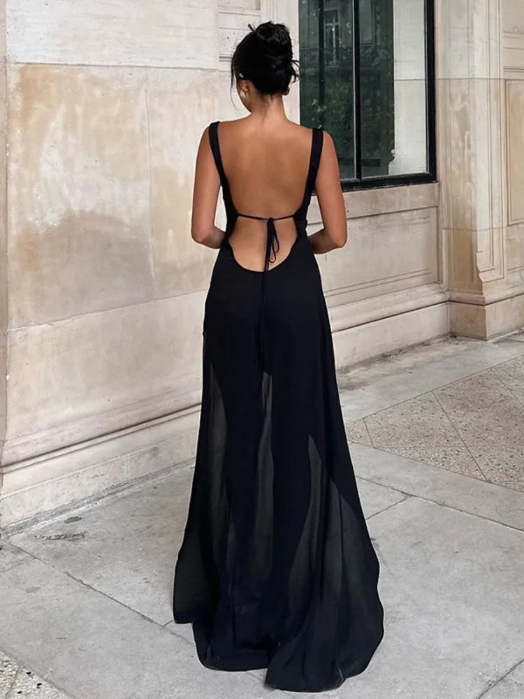 Elegant See Through Deep V-Neck Backless Maxi Dress Rown
