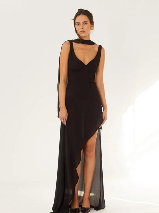 Elegant See Through Deep V-Neck Backless Maxi Dress Rown