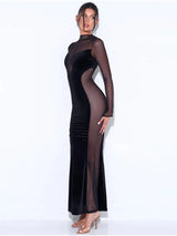 Elegant See Through Patchwork Zipper Velvet Maxi Dress Rown