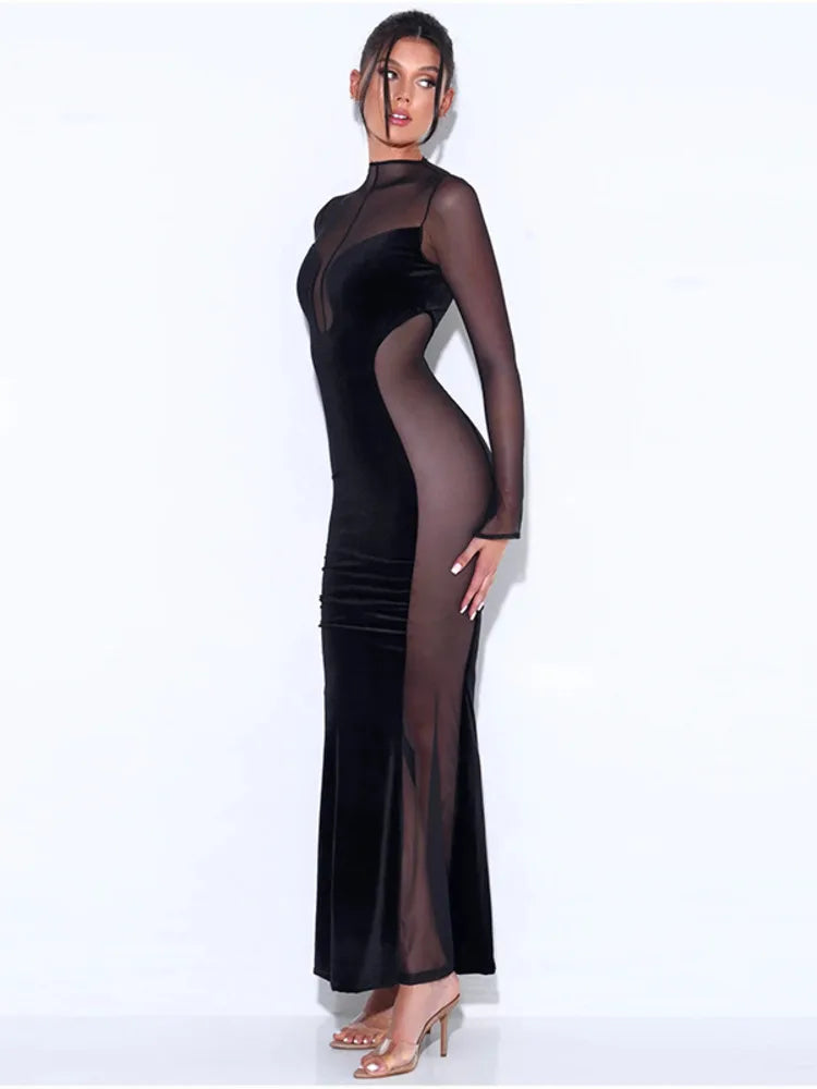 Elegant See Through Patchwork Zipper Velvet Maxi Dress Rown