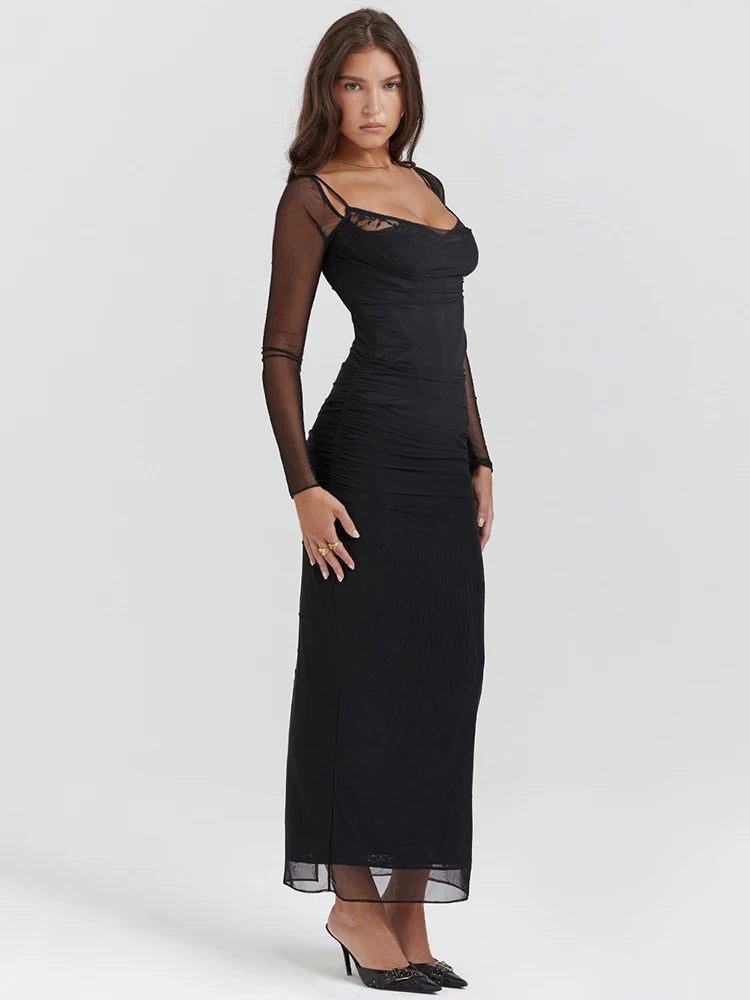 Elegant Sheer Long Sleeve Bodycon Maxi Dress Rown