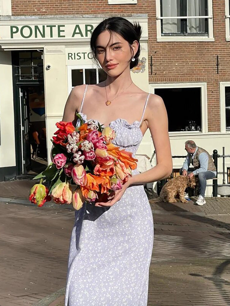 Elegant Silp Floral Print Lace-up Midi Dress Rown