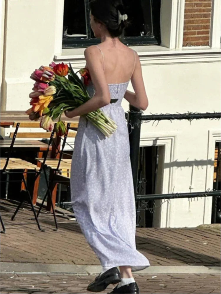 Elegant Silp Floral Print Lace-up Midi Dress Rown