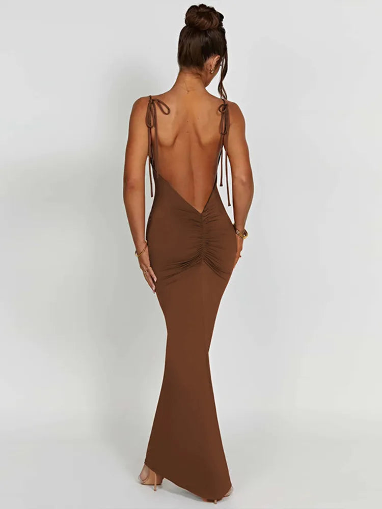 Elegant Spaghetti Strap Backless Pleated Maxi Dress Rown