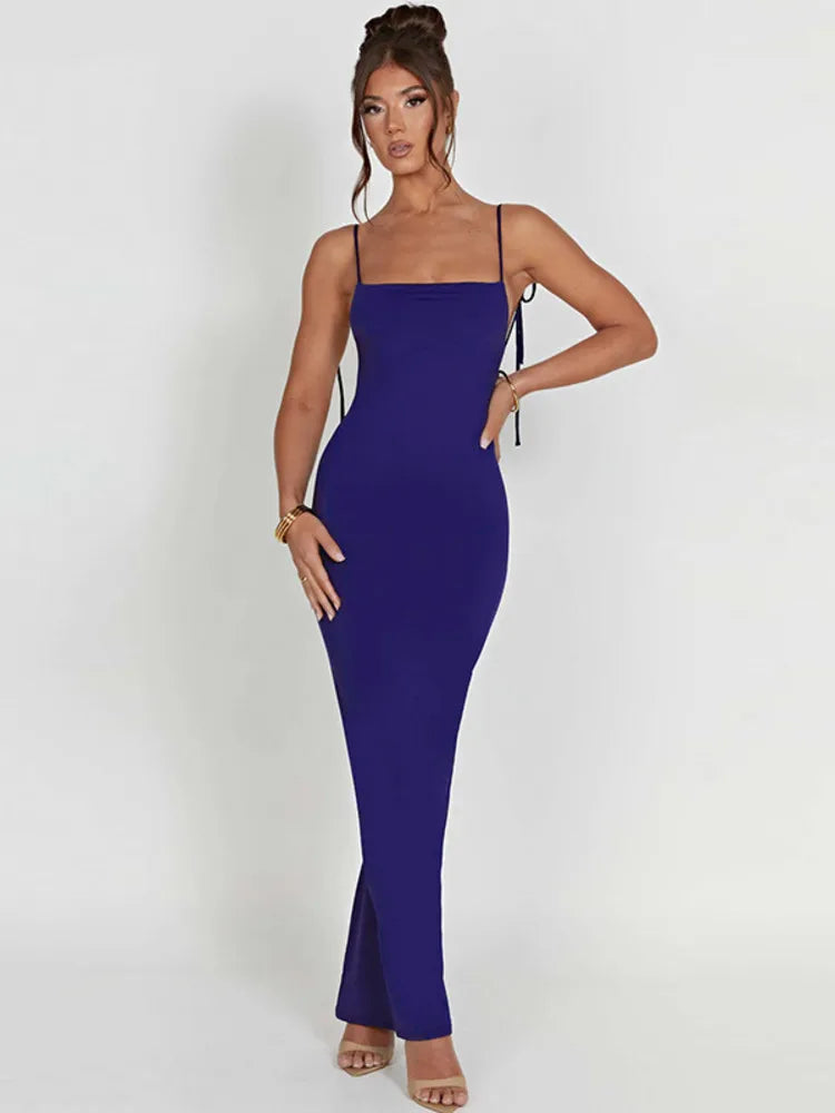 Elegant Spaghetti Strap Backless Pleated Maxi Dress Rown