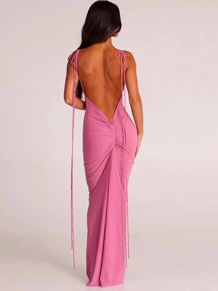 Elegant Spaghetti Strap Backless Ruched Maxi Dress Rown