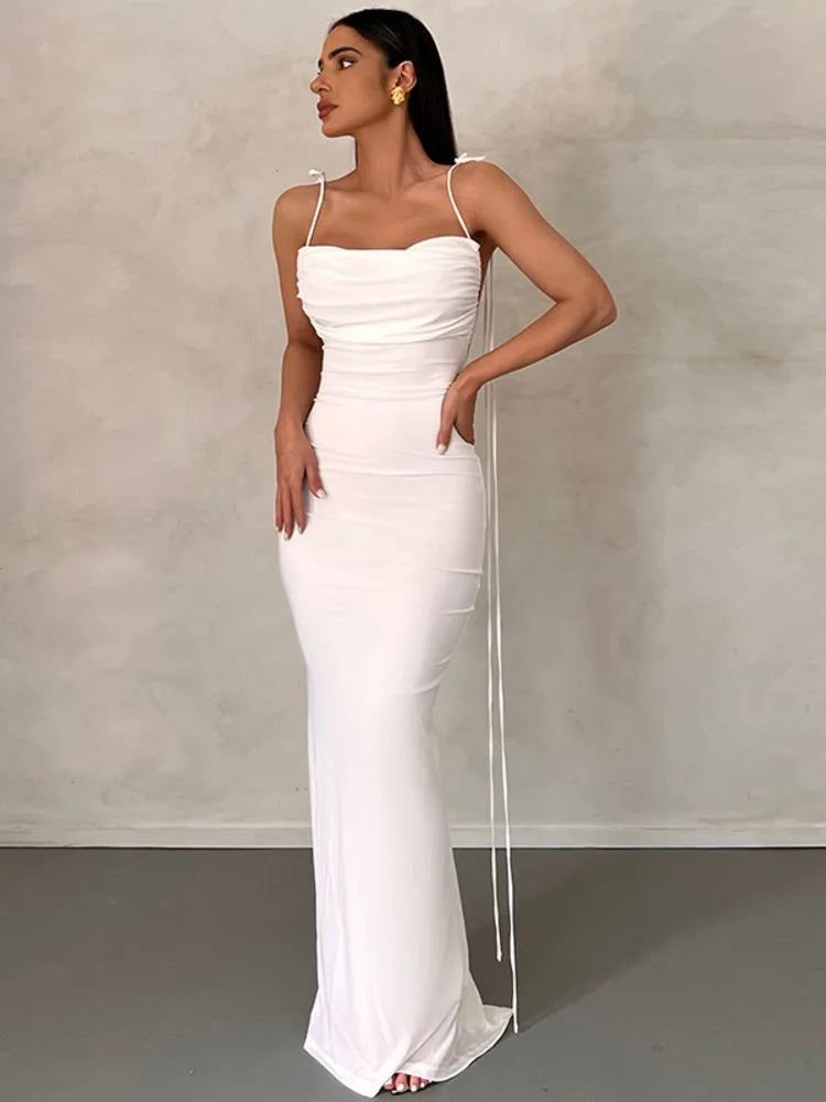 Elegant Spaghetti Strap Backless Ruched Maxi Dress Rown