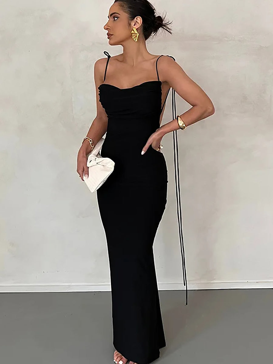 Elegant Spaghetti Strap Backless Ruched Maxi Dress Rown