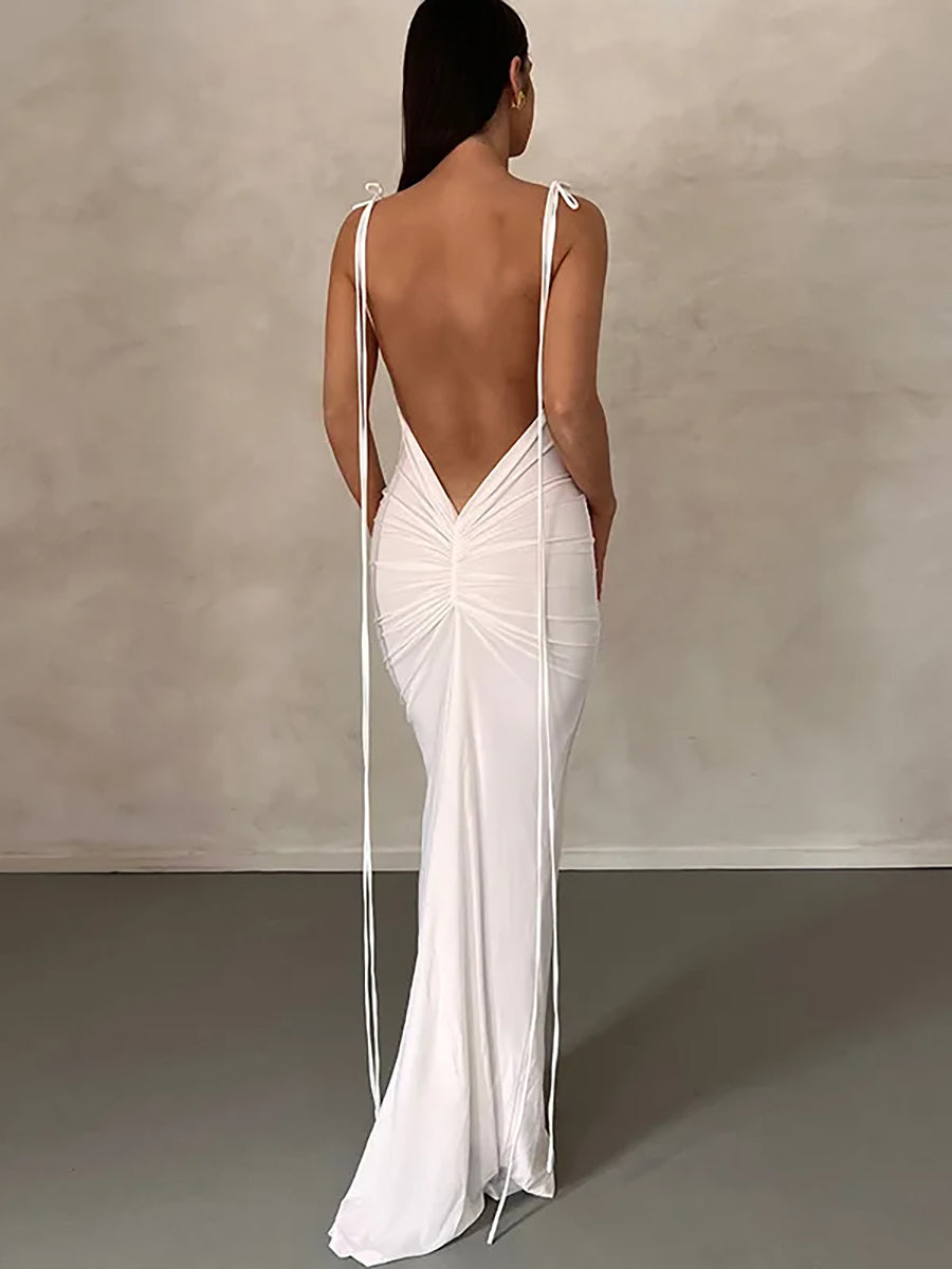 Elegant Spaghetti Strap Backless Ruched Maxi Dress Rown