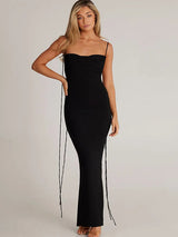 Elegant Spaghetti Strap Backless Ruched Maxi Dress Rown