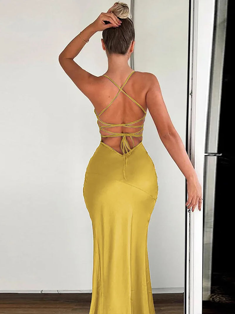 Elegant Spaghetti Strap Backless Thigh High Maxi Dress Rown