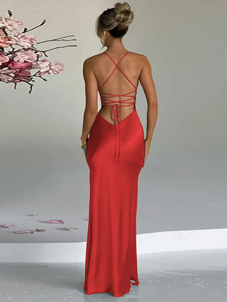 Elegant Spaghetti Strap Backless Thigh High Maxi Dress Rown