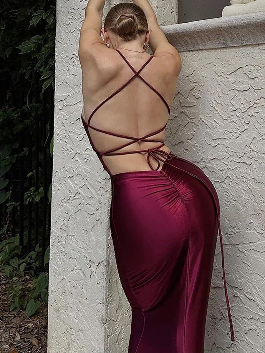 Elegant Spaghetti Strap Lace-up Backless Maxi Dress Rown