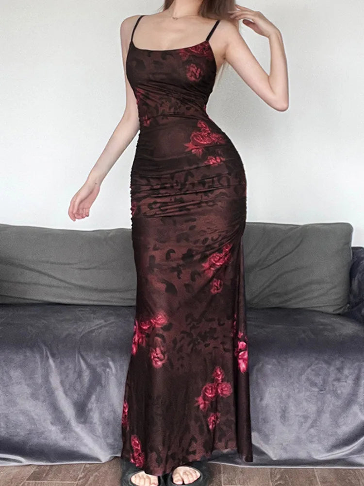 Elegant Spaghetti Strap Print Backless Maxi Dress Rown