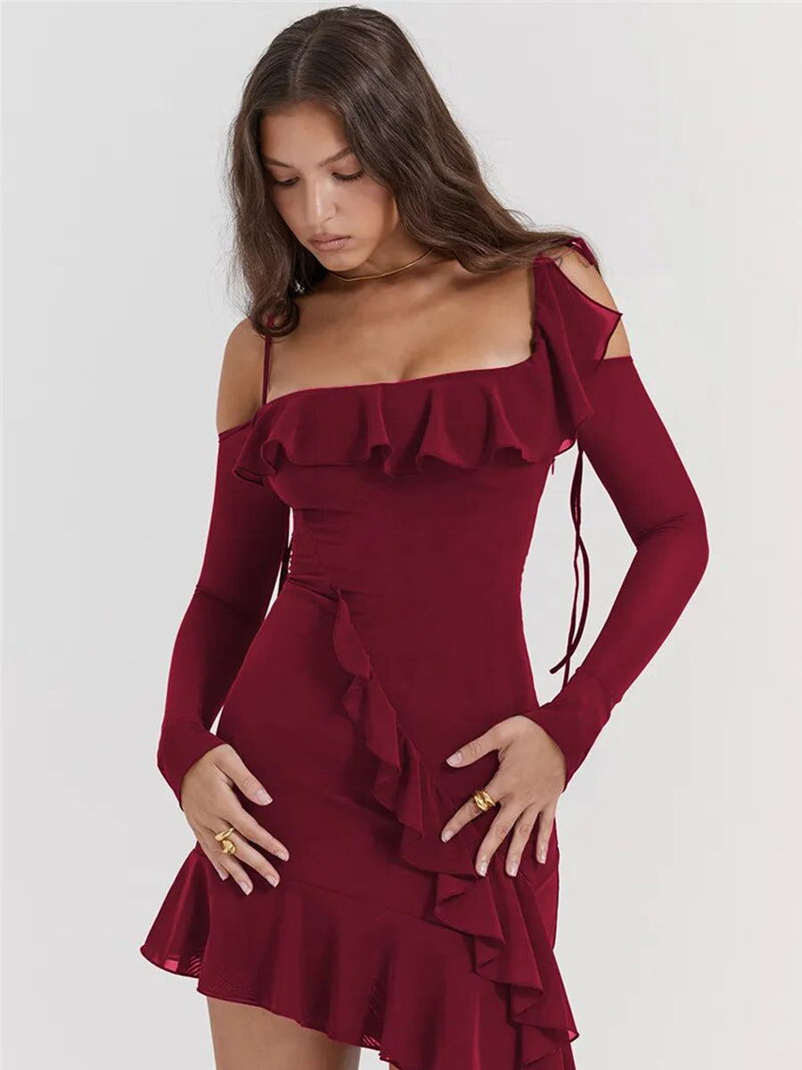 Elegant Spaghetti Strap Ruffle Mini Dress Rown