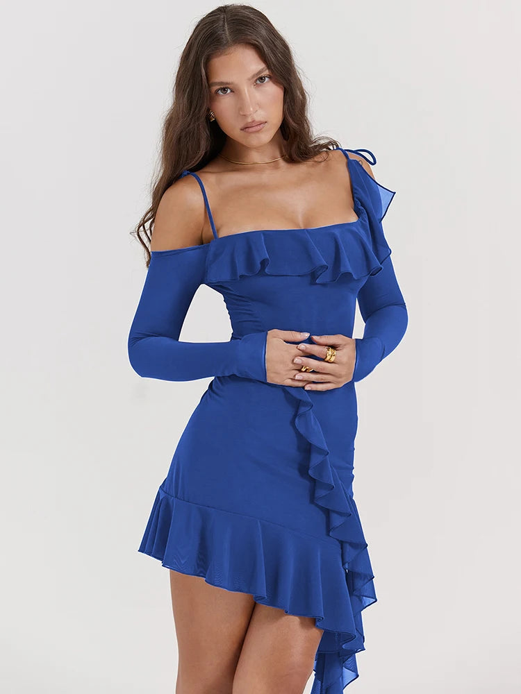 Elegant Spaghetti Strap Ruffle Mini Dress Rown