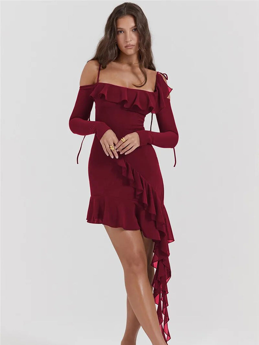 Elegant Spaghetti Strap Ruffle Mini Dress Rown