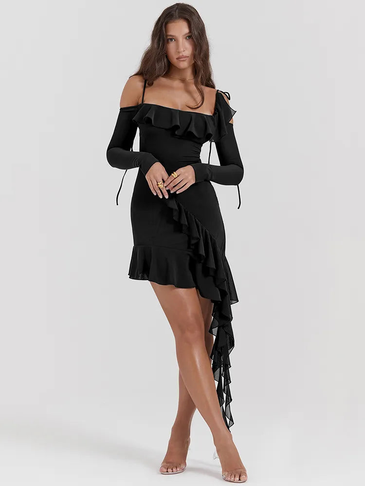 Elegant Spaghetti Strap Ruffle Mini Dress Rown