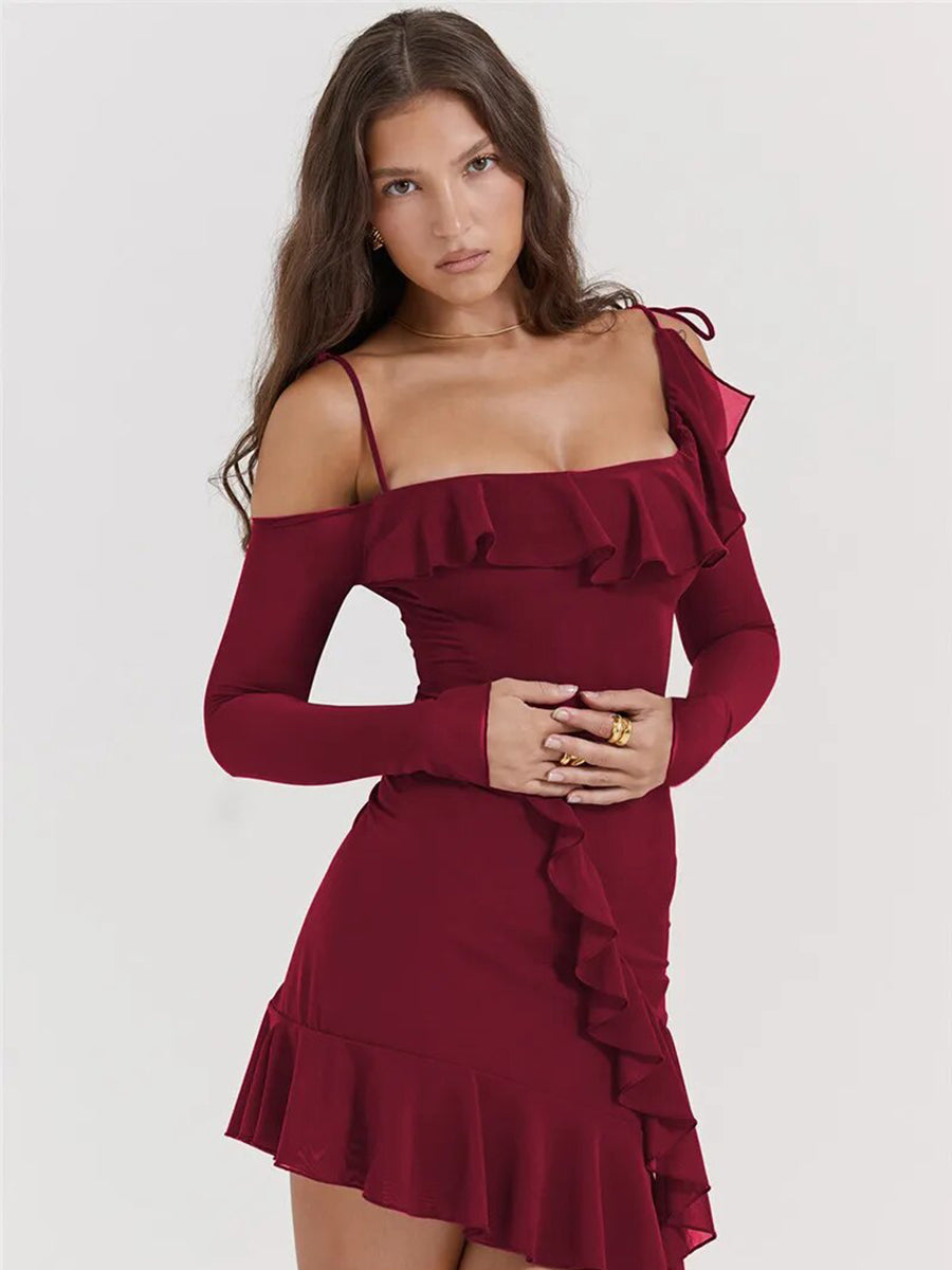 Elegant Spaghetti Strap Ruffle Mini Dress Rown