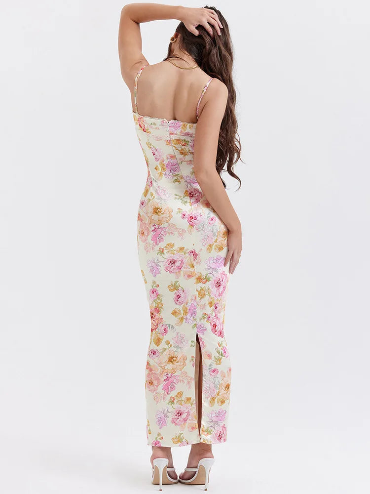 Elegant Spaghetti Strap White Print Backless Maxi Dress Rown