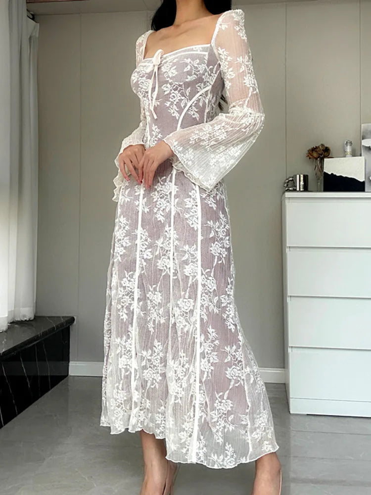 Elegant Square Neck Print Long Sleeve Midi Dress Rown