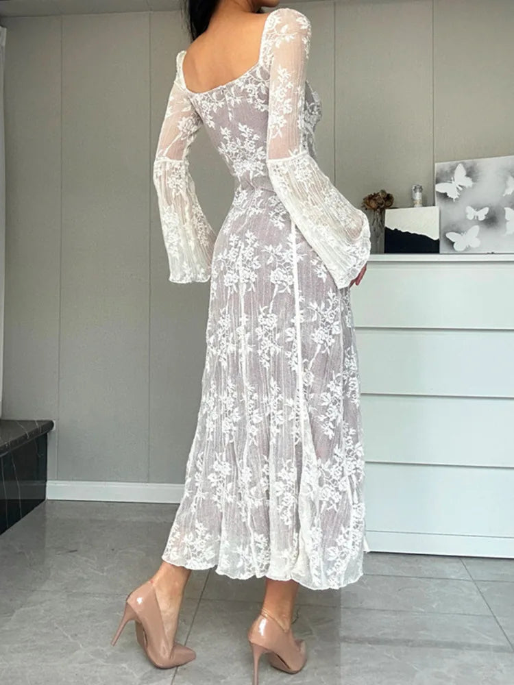 Elegant Square Neck Print Long Sleeve Midi Dress Rown