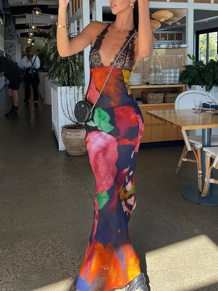 Elegant Tie Dye Floral Chiffon Backless Maxi Dress Rown