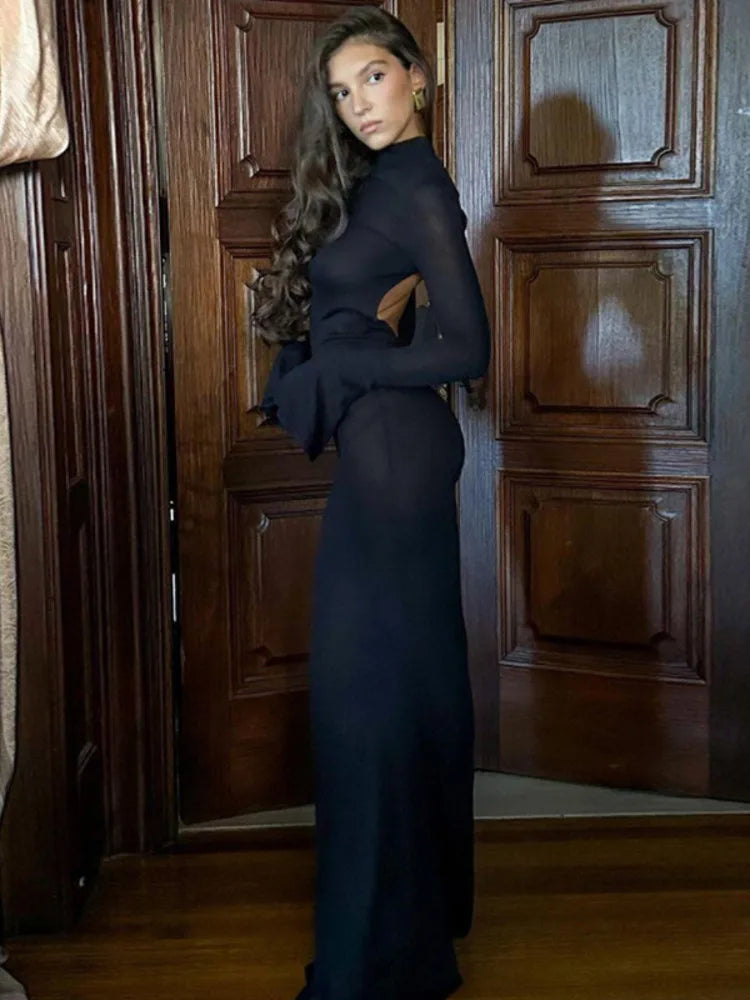 Elegant Turtleneck Backless Long Sleeve Bodycon Maxi Dress Rown