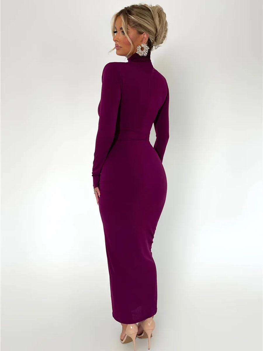 Elegant Turtleneck Long Sleeve Bodycon Maxi Dress Rown