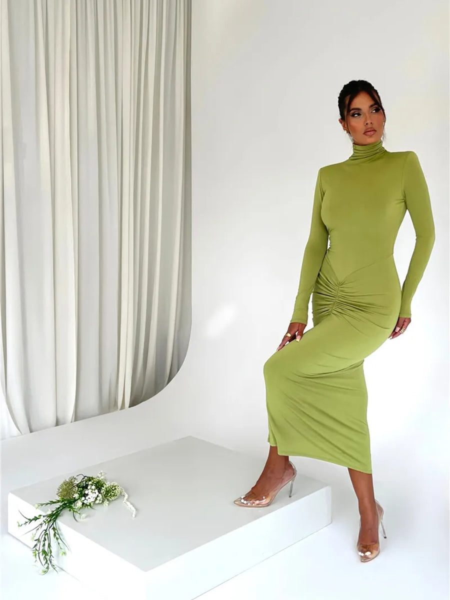 Elegant Turtleneck Long Sleeve Bodycon Maxi Dress Rown