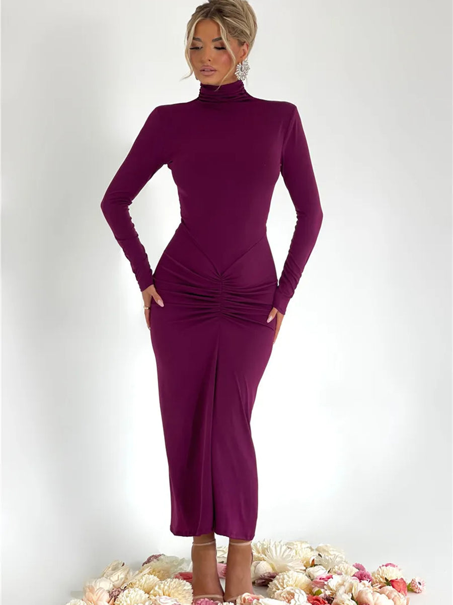 Elegant Turtleneck Long Sleeve Bodycon Maxi Dress Rown