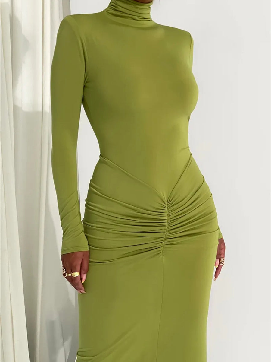 Elegant Turtleneck Long Sleeve Bodycon Maxi Dress Rown