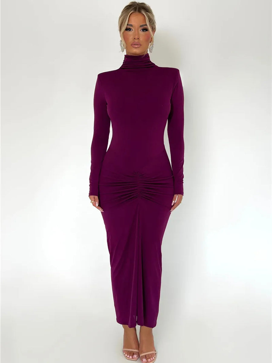 Elegant Turtleneck Long Sleeve Bodycon Maxi Dress Rown