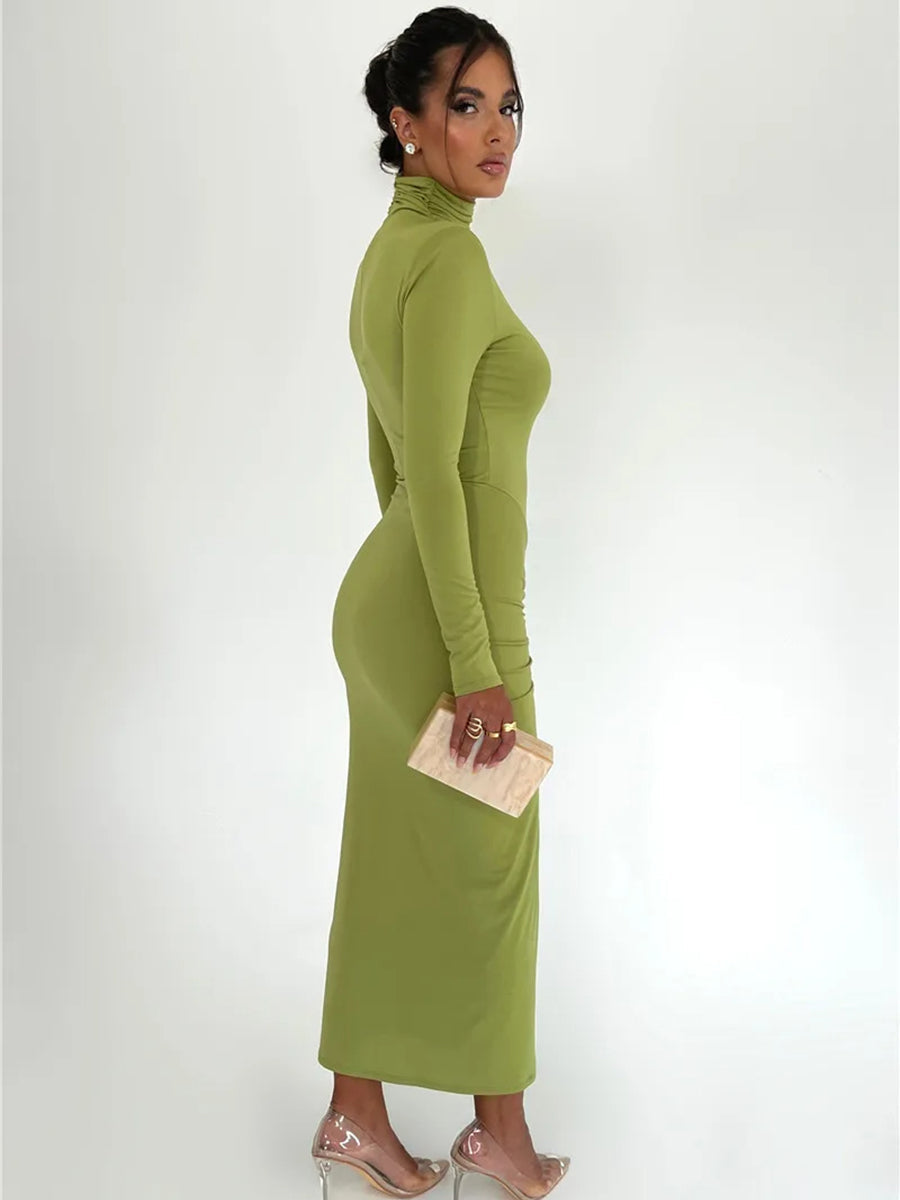 Elegant Turtleneck Long Sleeve Bodycon Maxi Dress Rown