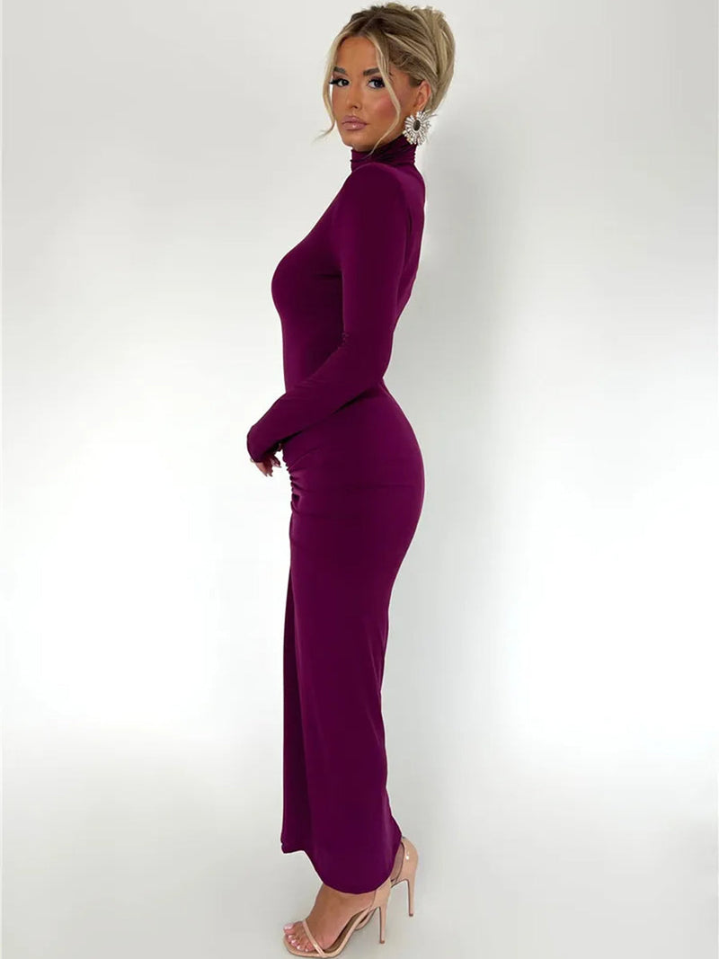 Elegant Turtleneck Long Sleeve Bodycon Maxi Dress Rown
